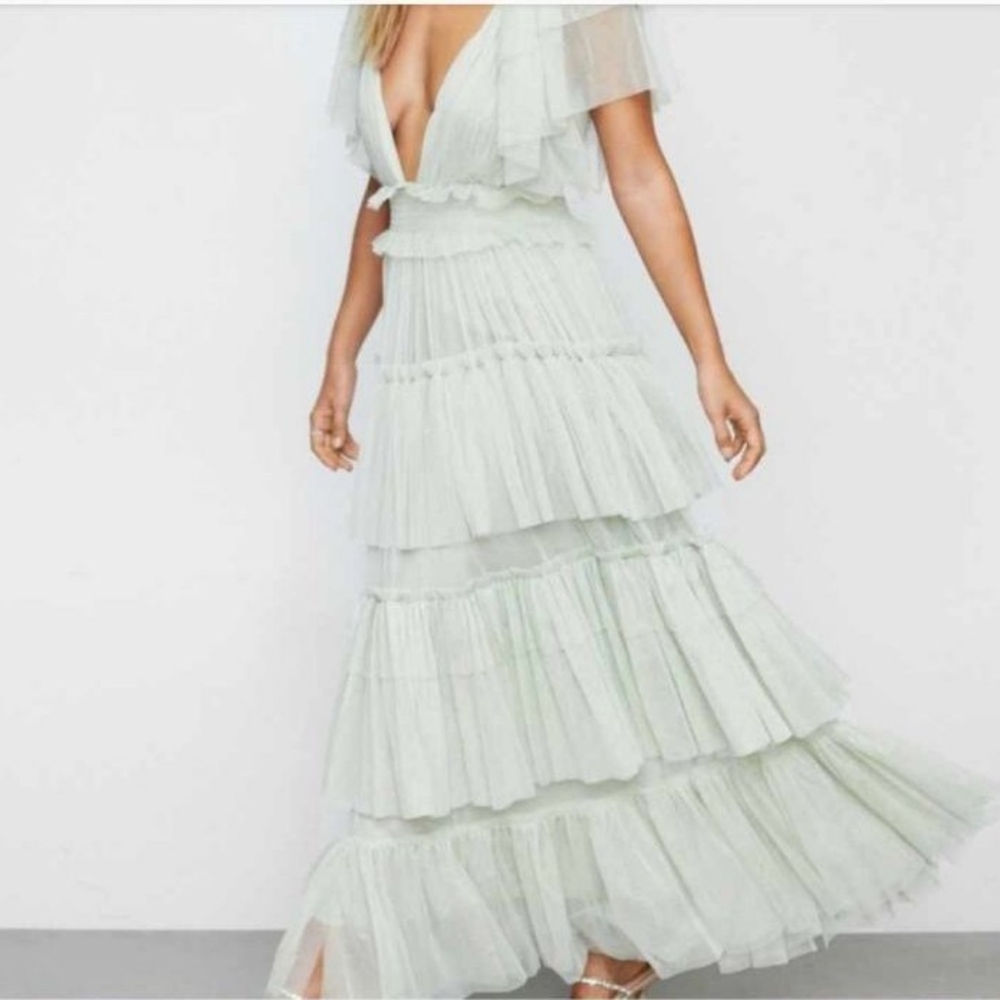 NASTY GAL mint sage green tulle deep plunge tiered ruffle maxi gown
